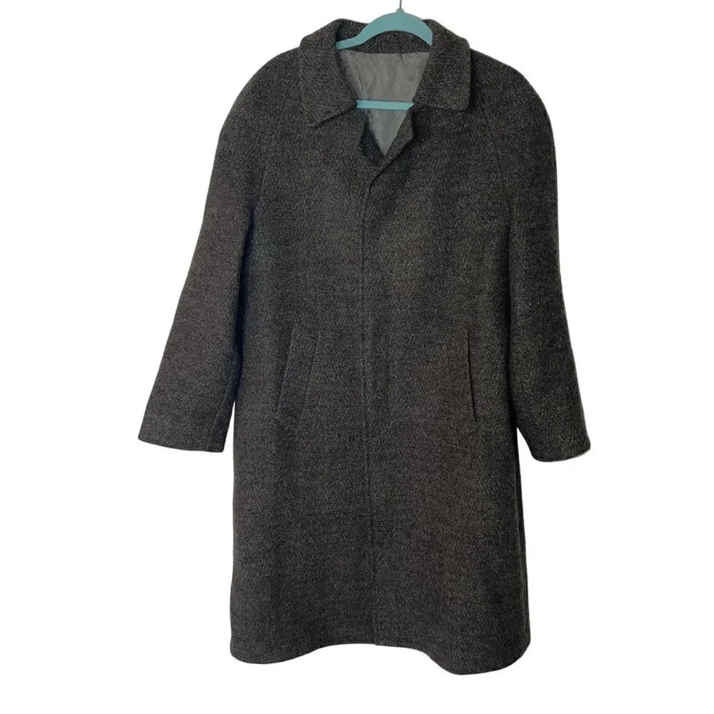 Vintage Mens Wool Coat Size 46 Greenish Brown Chevron Button Front Closure